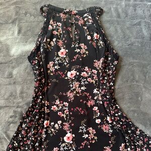White House Black Market Black and Pink Floral Top with Lace Detailing